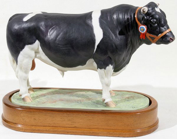 ROYAL WORCESTER 'BRITISH FRIESIAN BULL': ROYAL WORCESTER BISQUE FIGURE, 'BRITISH FRIESIAN BULL', H 6 1/2", L 11 1/2":Modeled by Doris Lindner, limited edition number 305/500, with certificate.