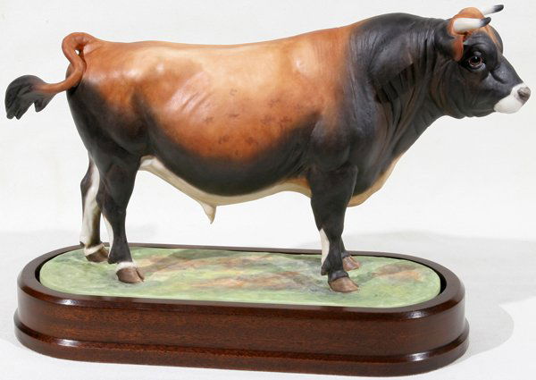 ROYAL WORCESTER 'JERSEY BULL', H 6 1/2" L 11": ROYAL WORCESTER BISQUE FIGURE, 'JERSEY BULL', H 6 1/2", L 11":Modelled by Doris Lindner, limited edition number 235/500, with certificate.