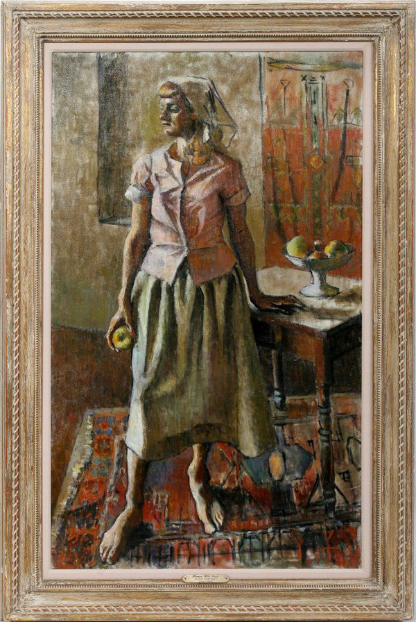 ATT. TO ROBERT BRACKMAN "WOMAN WITH FRUIT": ATTRIBUTED TO ROBERT BRACKMAN (RUS./AMER., 1898-1980), OIL ON CANVAS, 40" X 24", "WOMAN WITH FRUIT":Cubism style image of a young woman, donning a kerchief and holding an apple in her right hand, stan