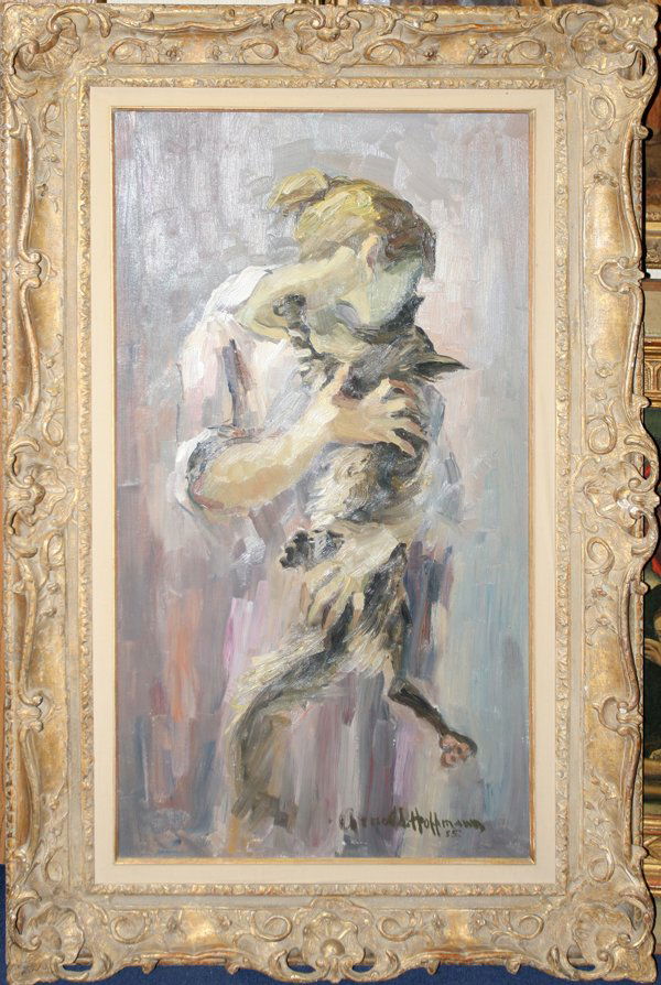 ARNOLD HOFFMANN OIL GIRL HOLDING CAT, 1955: ARNOLD HOFFMANN (AMERICAN 1886-1966), OIL ON CANVAS, GIRL HOLDING CAT, 1955, 40" X 22", FRIENDSHIP:label on back Audubon Artist Annual competition;144 East 58 th,New York