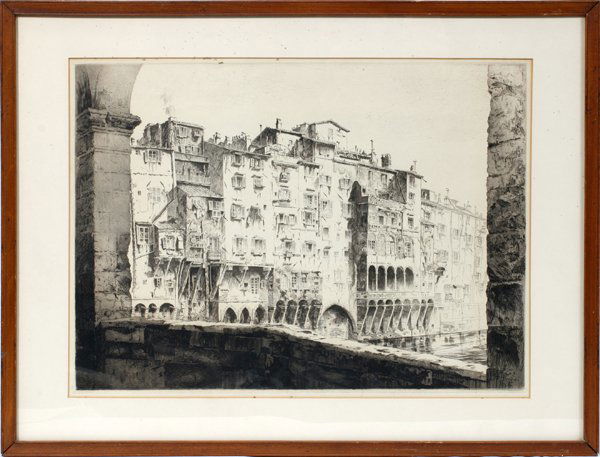 J. T. ARMS "FROM THE PONTE VECCHIO, FLORENCE": JOHN TAYLOR ARMS (US 1887-1953), ETCHING/AQUATINT, 11" X 14 3/4", "FROM THE PONTE VECCHIO, FLORENCE":1925; building façade; under glass and matted in a simple wood frame; pencil signed. Reference: Fl