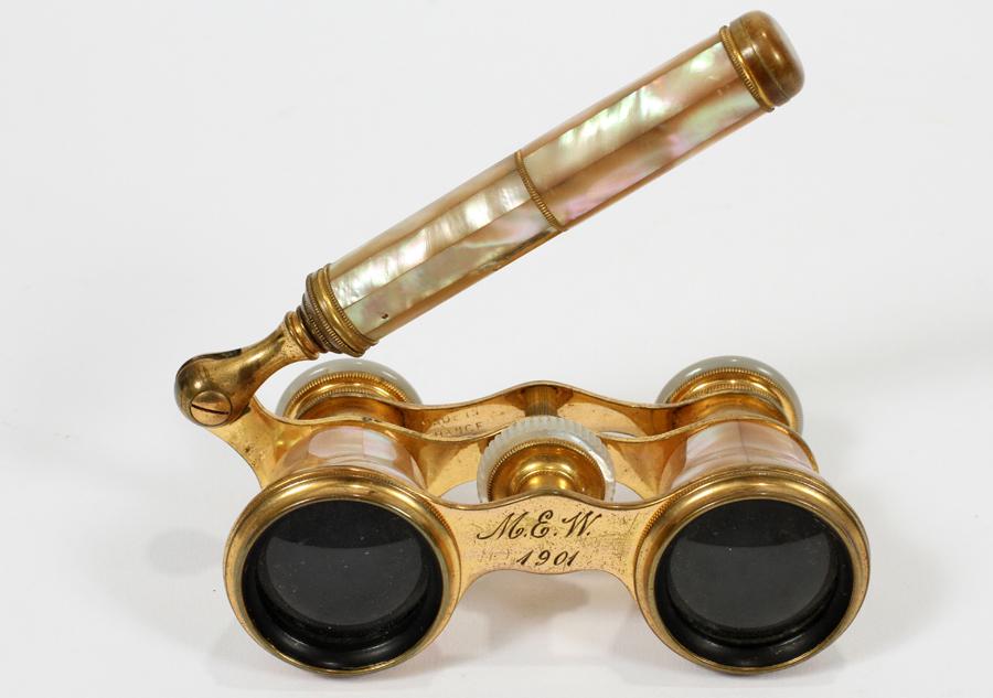 CHAVANGE BRASS W/ MOTHER-OF-PEARL OPERA GLASSES: CHAVANGE, PARIS, BRASS WITH MOTHER-OF-PEARL, OPERA GLASSES, C1900, H 6", W 4" A pair of brass and mother-of-pearl opera glasses. Inscribed on the eyepieces, Chavange, Paris and L. Beckmann Toledo, O.