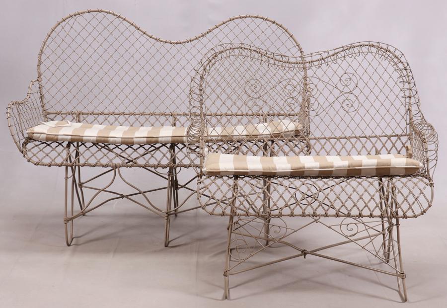 TWO METAL PATIO SETTEES, BUFF COLOR W 38', 50": TWO METAL PATIO SETTEES, BUFF COLOR W 38', 50" .Complete with seat cushions. One settee measures 36" H. x 38" W. x 26" D. The second settee measures 37" H. x 50" W. x 26" D.
