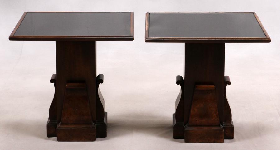 MID-CENTURY GLASS TOP & WALNUT END TABLES, PAIR: MID-CENTURY GLASS TOP & WALNUT END TABLES, PAIR, H 21", DIA 21"A pair of Mid-century modern glass top walnut end tables. Having a tag, numerical marks and date (circa 1966) to the underside. From the 
