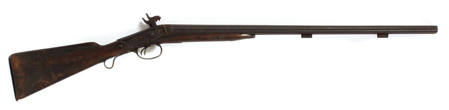 PHILADELPHIA PERCUSSION CAP DOUBLE BARREL SHOTGUN: PHILADELPHIA, PERCUSSION CAP, DOUBLE BARREL SHOTGUN having two percussion cap hammers. Walnut stock