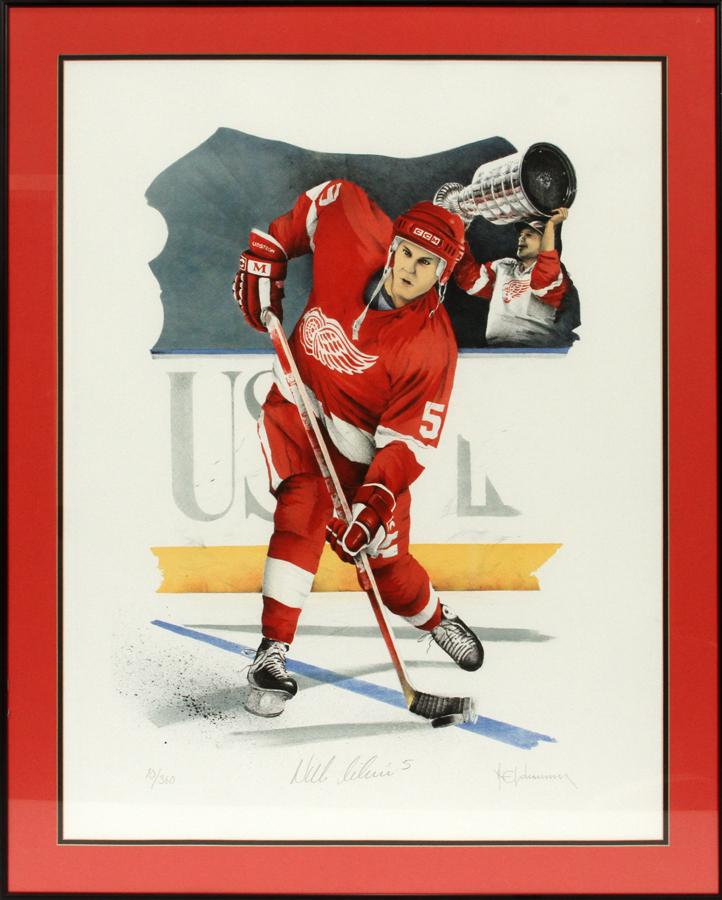 NICKLAS LIDSTROM AUTOGRAPHED LITHOGRAPH: NICKLAS LIDSTROM AUTOGRAPHED LITHOGRAPH, H 35", L 26"A Nick Lidstrom and artist Rolf Jansson signed color lithograph. Depicting Detroit Red Wing Nicklas Lidstrom. Signed in pencil, #10/360, Rolf Janss