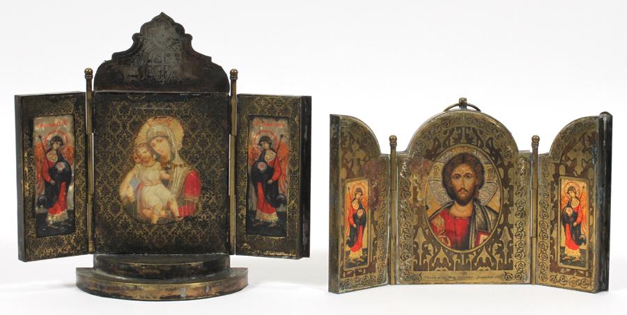 SYRIAN, TRIPTIC ICONS C1909, H 6", W 8": SYRIAN, TRIPTIC ICONS C1909, H 6", W 8" One depicts Christ flanked by angels with an inscription at the bottom, "The Church Of The Holy Sepulchre Jerusalem 1909". The second icon depicts the Madonna a