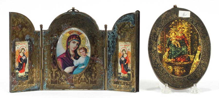 SYRIAN TRYPTIC AND OVAL FRAME ICONS, 2 PCS.: SYRIAN TRYPTIC AND OVAL FRAME ICONS, 2 PCS., H 7 1/2" & 8", W 10", & 5" Two Icons, one a tryptic depicting the Madonna and Child in an oval center frame, flanked by two angels on the side panels. Ther