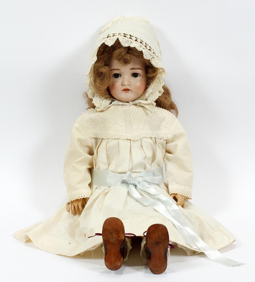 JUMEAU, FRENCH BISQUE HEAD BEBE DOLL, C. 1900: JUMEAU, FRENCH BISQUE HEAD BEBE DOLL, C. 1900 H 29" Open mouth with teeth. open and shut eyes. Ball joint composition body.Includes pine high chair.