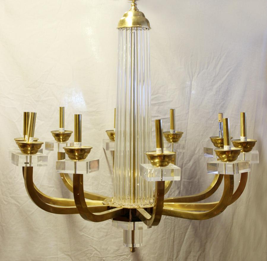 MODERN HISTORY 'WARHOL' 10 LIGHT CHANDELIER: MODERN HISTORY 'WARHOL' 10 LIGHT CHANDELIER, H 48", DIA 38"An electric Modern History chandelier by Charles Hollis Jones. Offers a brass frame, glass rod accents and lucite details. Offers ten candela
