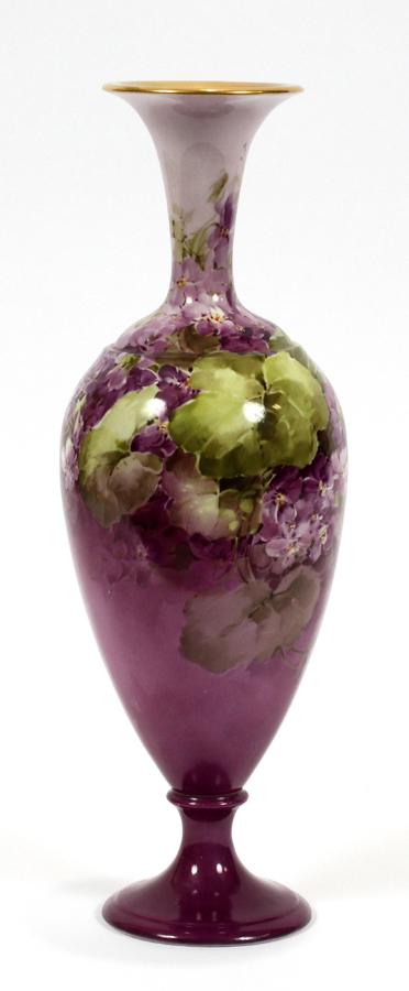 GEORG LEYKAUF BELLEEK PORCELAIN VASE H 12": GEORG LEYKAUF (GERMANY, 1847-1933) BELLEEK PORCELAIN VASE H 12" A Belleek porcelain vase hand painted by Georg Leykauf, a master porcelain painter. Having a fired gold interior rim and a motif of viol