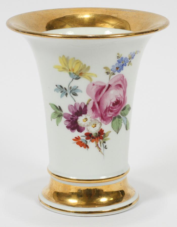 MEISSEN PORCELAIN VASE, H 5.5" DIA 4.5": MEISSEN PORCELAIN VASE, H 5.5" DIA 4.5" Meissen porcelain vase, H 5.5" Dia 4.5. Having hand painted floral sprays. Underglaze blue crossed swords mark.