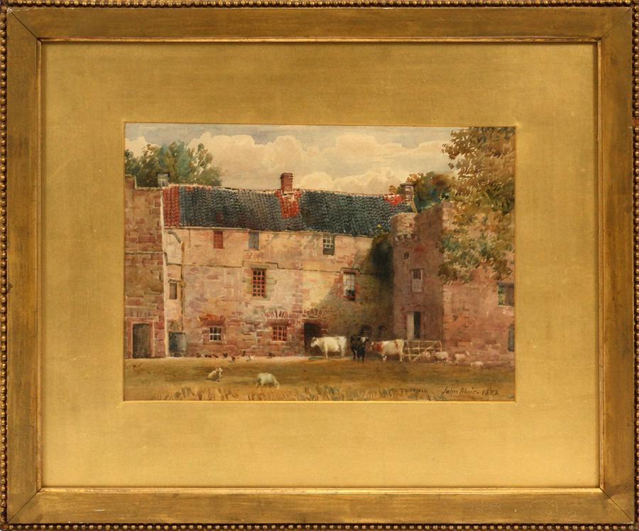 JOHN BLAIR WATERCOLOR ON PAPER, 1882: JOHN BLAIR (BRITISH, 1850-1934), WATERCOLOR ON PAPER, 1882, H 7.25", L 10", "HUTTON HALL" A 19th century watercolor on paper titled "Hutton Hall" by John Blair. Depicting livestock in the foreground a