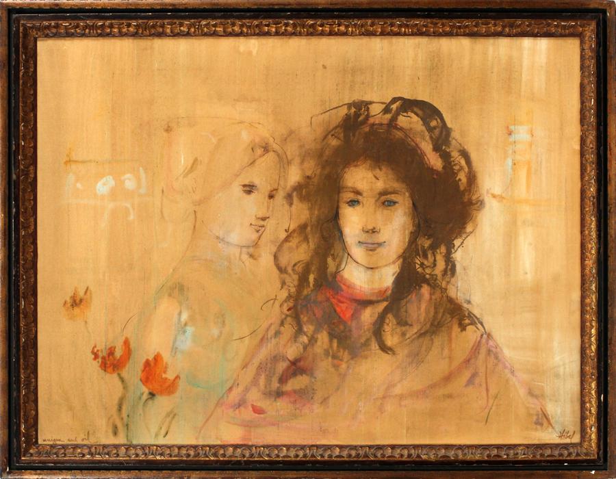 EDNA HIBEL, LITHOGRAPH AND OIL ON SILK: EDNA HIBEL, LITHOGRAPH AND OIL ON SILK, H 30", W 40" Edna Hibel, lithograph and oil on silk, mounted on board and framed. Depicting two young women and signed at the lower right. "Unique and Oil", is 