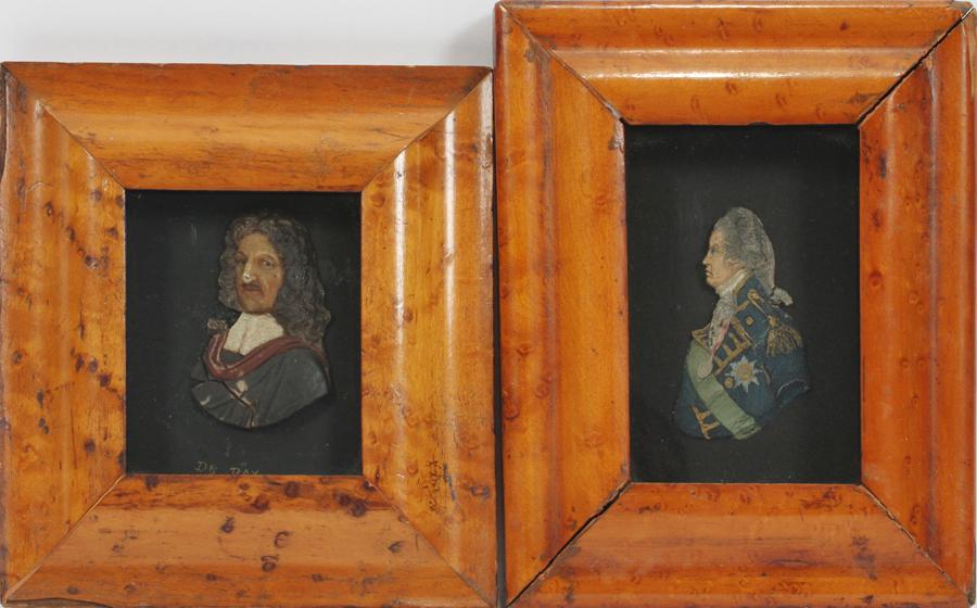 FRAMED WAX BUSTS, 19TH C, 2 PCS: FRAMED WAX BUSTS, 19TH C, 2 PCS, H 3", W 1.5", "LORD NELSON" & "DR. RAY" A selection of hand-painted 19th century framed wax busts. Depicting 'Lord Nelson' in profile and 'Dr. Ray' in three-quarter pr