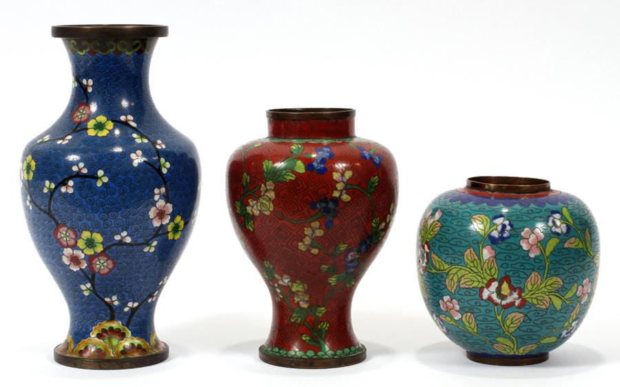 CHINESE CLOISONNE VASES, 19TH C., 3 PCS: CHINESE CLOISONNE VASES, 19TH C., 3 PCS 5", 7" and 9". In colors of blue, rust and turquoise.