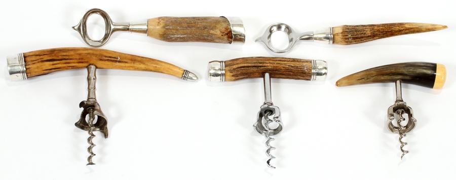 STAG HORN BAR CORK SCREWS AND OPENERS, FIVE: STAG HORN BAR CORK SCREWS AND OPENERS, FIVE Early 1900s lot of 3 cork screws and 2 bottle openers.