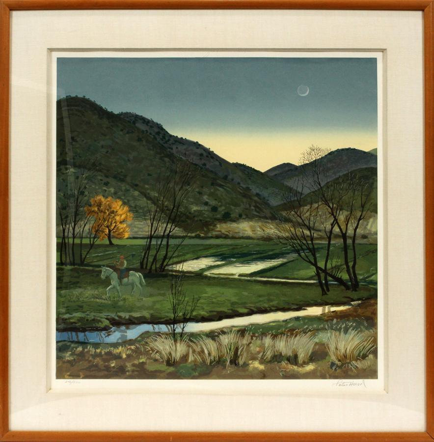 PETER HURD LITHOGRAPH: PETER HURD (AMERICAN, 1904-1984) LITHOGRAPH H 23" W 23" "DUSK LANDSCAPE WITH LONE RIDER" 242/260 A lithograph by the American artist Peter Hurd. Depicting a landscape at dusk with a rider on horseback