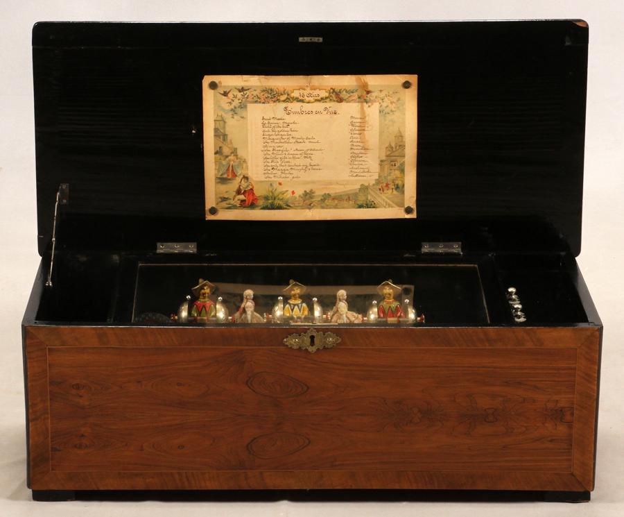 SWISS ANTIQUE CYLINDER INLAID WALNUT MUSIC BOX: SWISS ANTIQUE CYLINDER INLAID WALNUT MUSIC BOX, C. 1900, H 11.5", W 14", L 32" Single14 1/2" cylinder plays 16 tunes; satinwood inlaid hunting accoutrements motif top; the bells are maned by Chinese f