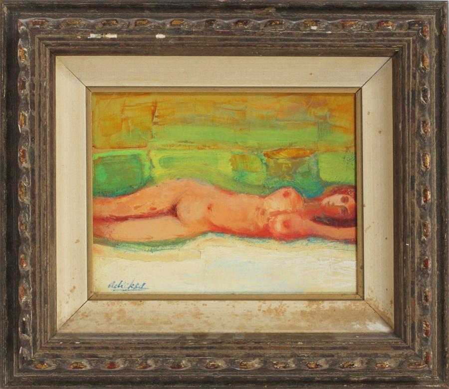 DAVID PRYOR ADICKES OIL ON PANEL RECLINING FEMALE: DAVID PRYOR ADICKES (AMERICAN, B. 1927), OIL ON PANEL, H 7", W 9", RECLINING FEMALE NUDE Signed lower left; framed, 12" x 14".