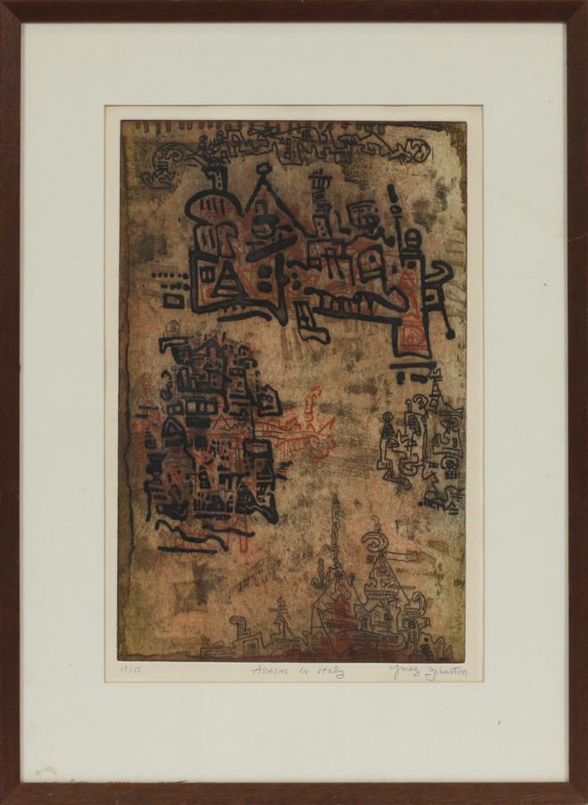 YNEZ JOHNSTON ETCHING 'AENEAS IN ITALY' 19/55: YNEZ JOHNSTON (AMERICAN, B. 1920) ETCHING H 18", W 12", 'AENEAS IN ITALY' 19/55 An abstract aquatint by famed California artist Ynez Johnston, who first had her work displayed at the Museum of Modern