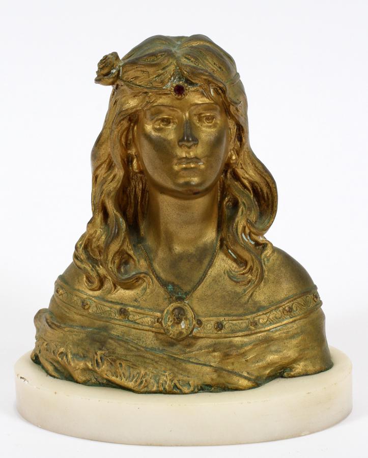 AMAN PIERRE LOUIS QUENARD ART NOUVEAU BRONZE BUST: AMAN PIERRE LOUIS QUENARD (FRENCH, 1865-1925), ART NOUVEAU BRONZE BUST OF A WOMAN, H 5.2", L 4.7" On an oval alabaster base. Signed.