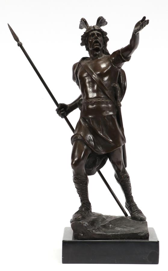 A. LEONARD BRONZE SCULPTURE OF A SOLDIER: A. LEONARD, BRONZE SCULPTURE OF A SOLDIER WITH SPEAR, H 18" Signed. Possibly Alexandre Leonard (French, 1821-1877) or Agathon Léonard (French, 1841–1923).