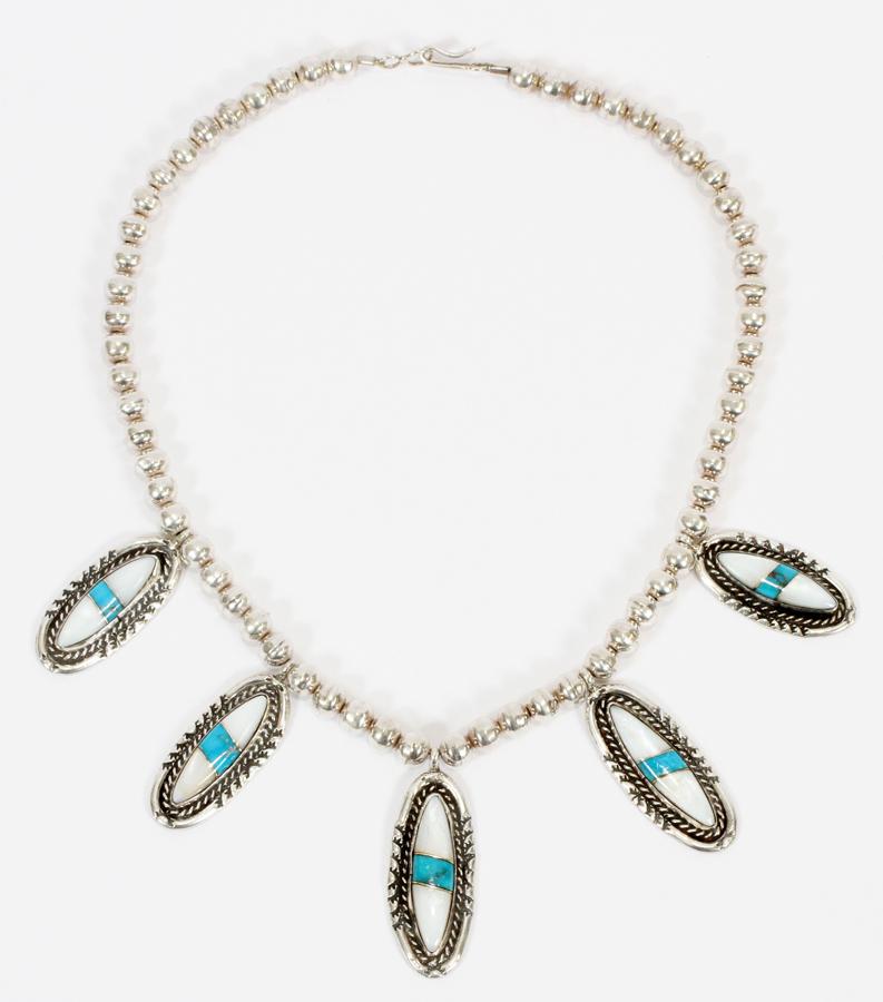 SILVER BEAD CHOKER NECKLACE: SILVER BEAD CHOKER NECKLACE Having 5 mother of pearl, turquoise and silver pendants. Total weight 65 grams. From the estate of Rose Ann Comstock.