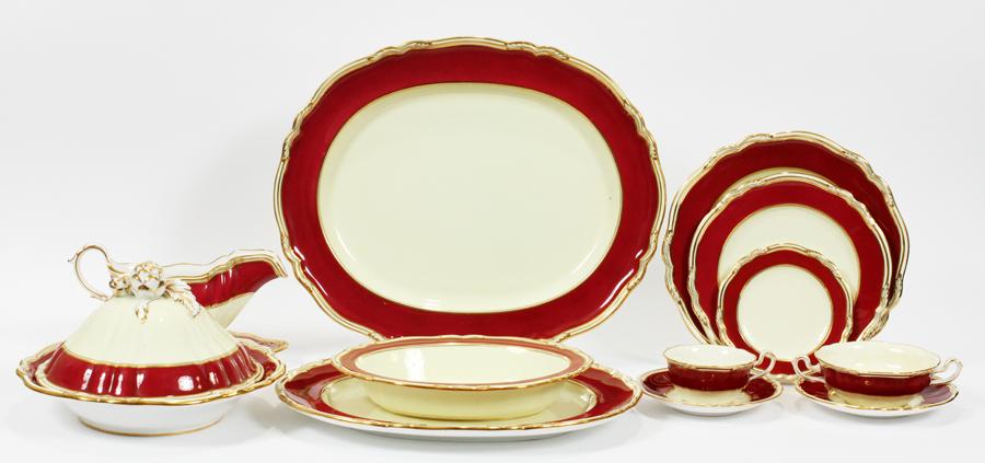 SPODE PORCELAIN CHINA, SERVICE FOR 9, 102 PCS.: SPODE PORCELAIN CHINA, SERVICE FOR 9, 102 PCS., PATTERN SIMILAR TO "LANCASTER" Includes: 13 dinner plates, Dia 10 3/4"; 9 cream soups, Dia 5 1/4"; 12 saucers, Dia 7"; 12 teacups with 13 saucers; 3 sal