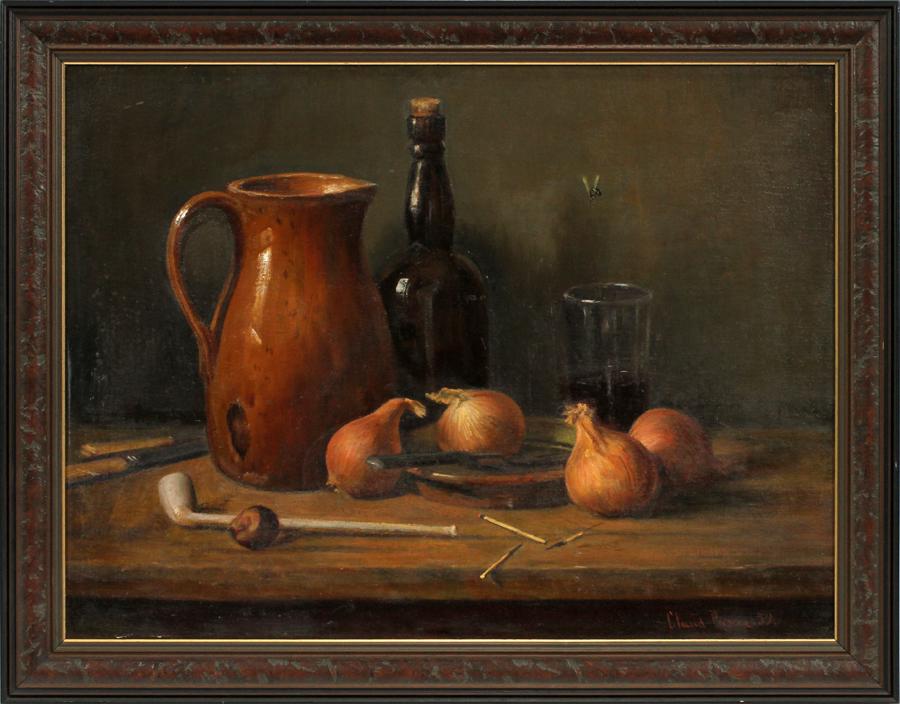 CLAUD PASCOE, OIL ON BOARD, 1959, H 18", W 24": CLAUD PASCOE, OIL ON BOARD, 1959, H 18", W 24" CLAUD PASCOE, OIL ON CANVAS BOARD, 1959, 18' X 24", STILL LIFE OF ONIONS, PIPE, PITCHER & BOTTLE: Label: Ontario Institute of Painters; signed and dated 