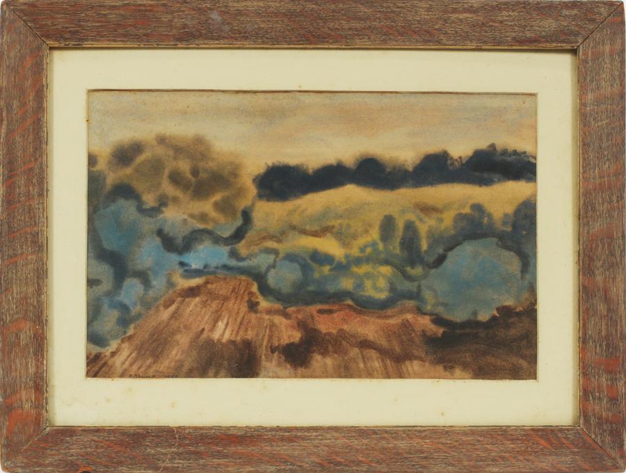 FREDRICK SIMPER WATERCOLOR, 1951 LANDSCAPE: FREDRICK SIMPER (AMERICAN, B. 1914), WATERCOLOR, 1951, H 12", L 18", ABSTRACT LANDSCAPE Signed and dated lower left; framed, 20" x 25".