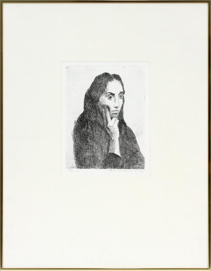 RAPHAEL SOYER ETCHING ON PAPER, 1966: RAPHAEL SOYER (AMERICAN, 1899-1987), ETCHING ON PAPER, 1966, H 6.75", L 5.5", "GREEK GIRL #3" An etching on paper titled "Greek Girl #3" by Raphael Soyer. Depicting the three-quarter profile of a youn