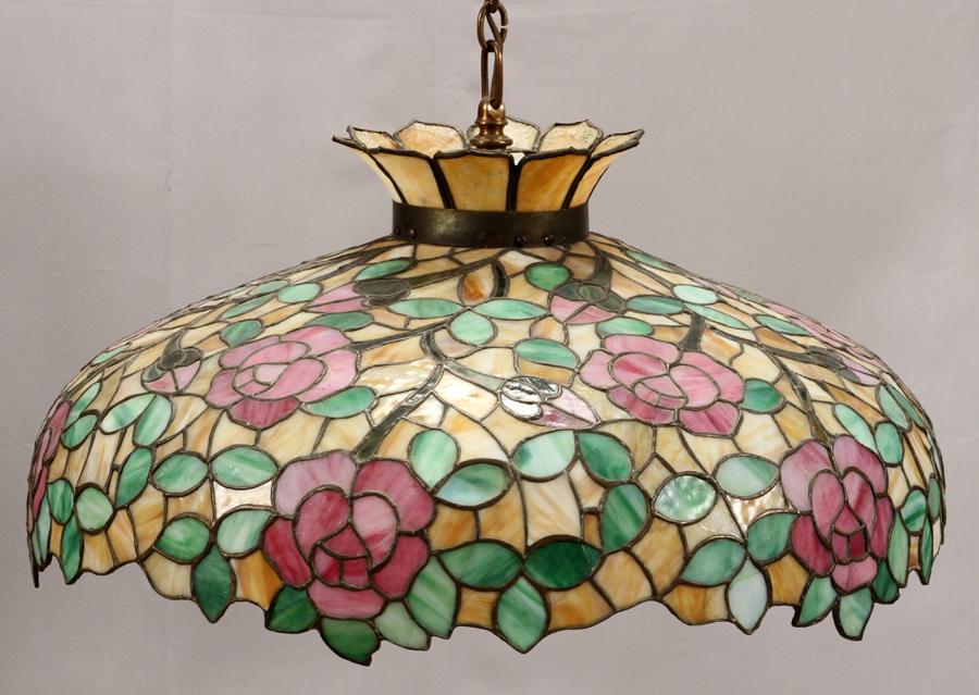 CHICAGO MOSAIC CO. STAIN & LEADED GLASS LIGHT: CHICAGO MOSAIC CO., STAIN & LEADED GLASS, HANGING LIGHT FIXTURE, DIA 27" Four light hanging light fixture. The shade height is 16" and the diameter is 27". The chain is approx. 34" in length. The shad