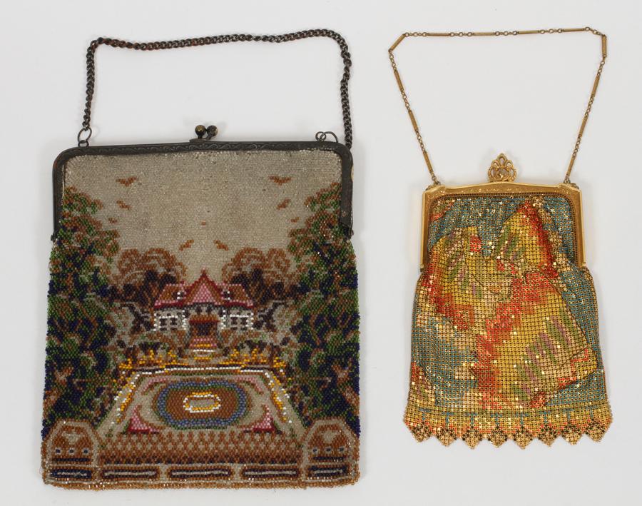 ANTIQUE METAL & BEADED PURSES CIRCA: ANTIQUE METAL & BEADED PURSES CIRCA 1920 -1930S 2 PCS. Includes 1 "Whiting Davis Co.", Mesh metal, Art Nouveau style purse, size 6.5" x 4", with a small mirror. The exterior of the purse is painted in