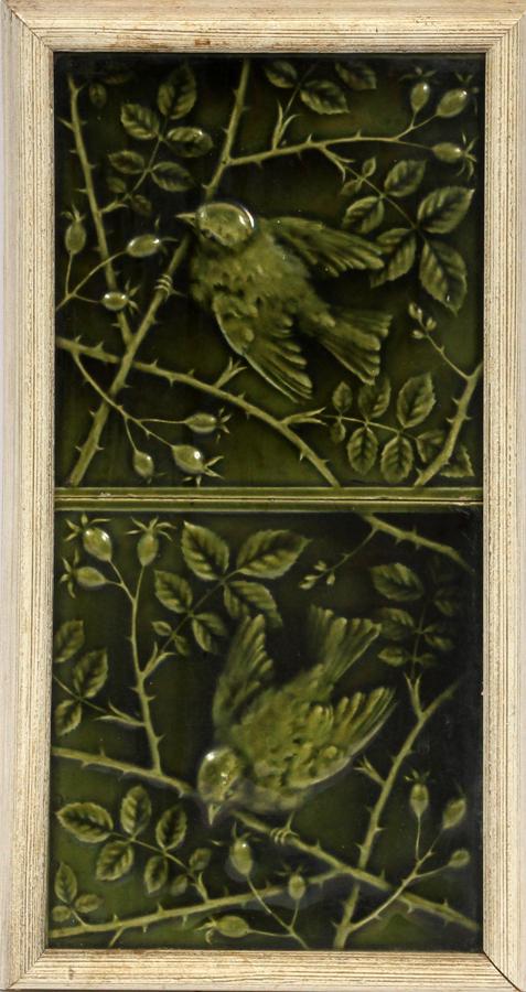 MINTON CERAMIC TILES, 19TH C., H 5.5", L 11": MINTON CERAMIC TILES, 19TH C., H 5.5", L 11"Framed Minton ceramic tiles. Each having an avian motif under a green glaze.