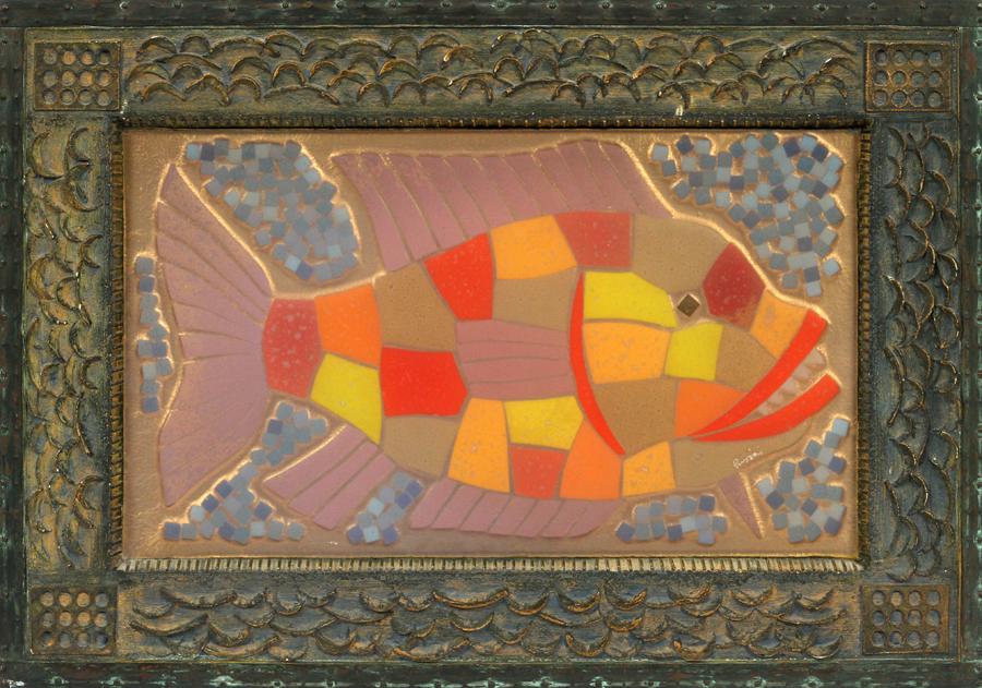 MICHAEL HIGGINS FUSED COLORED GLASS MOSAIC: MICHAEL HIGGINS (AMER, 20TH C), FUSED COLORED GLASS MOSAIC, C. 1972, H 8", W 14", FISHSigned. Acid finish. A wall mounting rectangular form with a brass and plaster of Paris gilt and black frame with