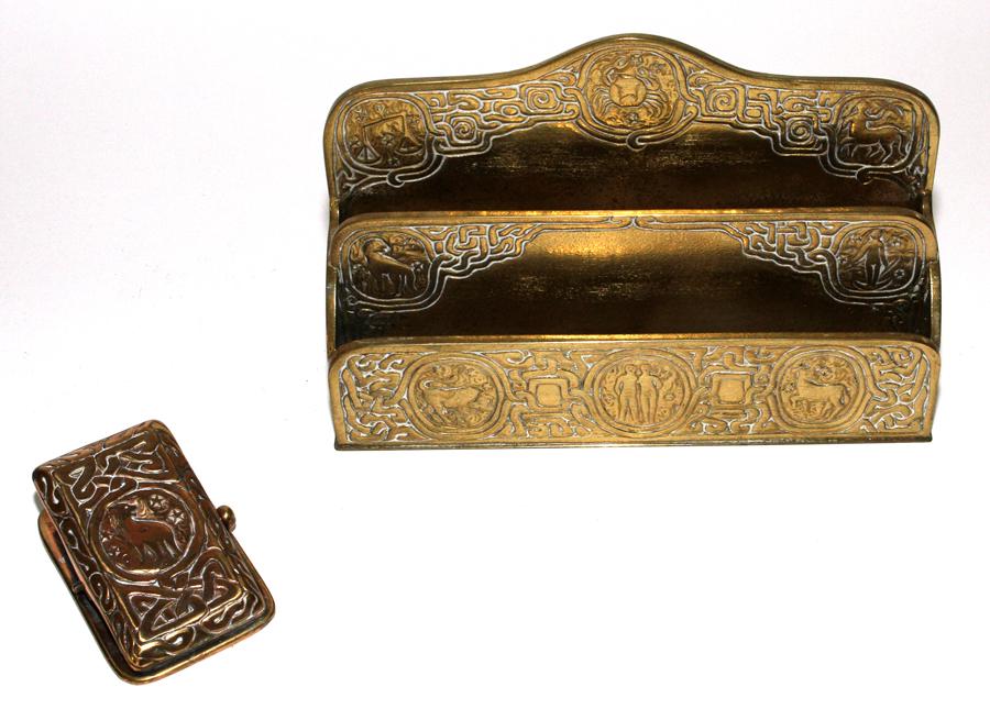 TIFFANY STUDIOS, N.Y., BRONZE CLIP & LETTER FILE: TIFFANY STUDIOS, NEW YORK, BRONZE CLIP & LETTER FILE, 2 PCS, H 3.75"-6"A Tiffany Studios New York bronze clip and letter file. Branded and pattern number (1080 & 1009) to the underside.
