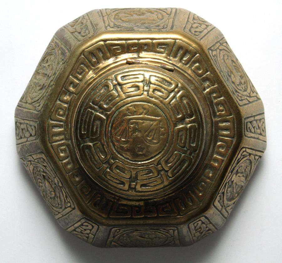 TIFFANY STUDIOS (NEW YORK) 'ZODIAC' BRONZE INKWELL: TIFFANY STUDIOS (NEW YORK) 'ZODIAC' BRONZE INKWELL, H 4", DIA 6"A Tiffany & Studios New York bronze inkwell. Having the 'Zodiac' pattern, offers low pictorial reliefs of zodiac symbolism. Branding and