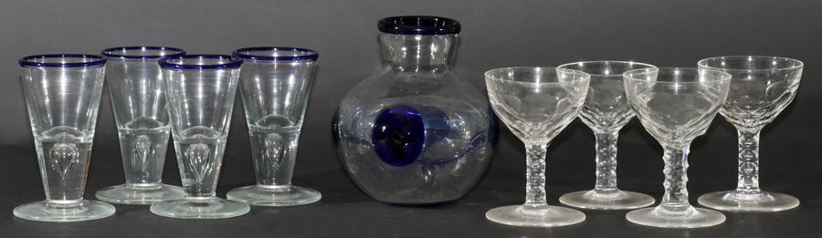 BLOWN GLASS WINE GLASSES, BOTTLE 14 PCS: BLOWN GLASS WINE GLASSES, BOTTLE 14 PCS 7 clear with faceted stems. 6 with applied cobalt rim and bubble in stem. 4.2"-4.5". Also hand blown bottle with applied cobalt edge, 6".