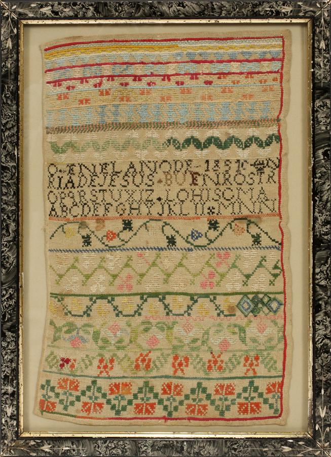 LINEN NEEDLEWORK SAMPLER, CIRCA 1891, H 15", W 9": LINEN NEEDLEWORK SAMPLER, CIRCA 1891, H 15", W 9" An antique linen sampler dated 1891. Embroidered with the alphabet and flowers and stating, "O-ENEL, AND DE, 1891, ENRI ADE JESUS." The sampler does n