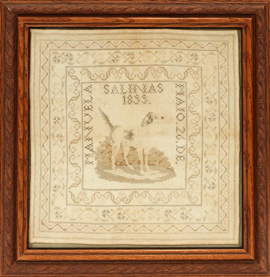 LINEN SAMPLER BY MANUELA SALINAS, 19TH.C: LINEN SAMPLER BY MANUELA SALINAS, 19TH.C H 11", W 10.5" A linen sampler stating, Manuela Salinas, 1855 MAIO. 26. DE. Having an embroidered dog in the center and four borders with simple floral and scr