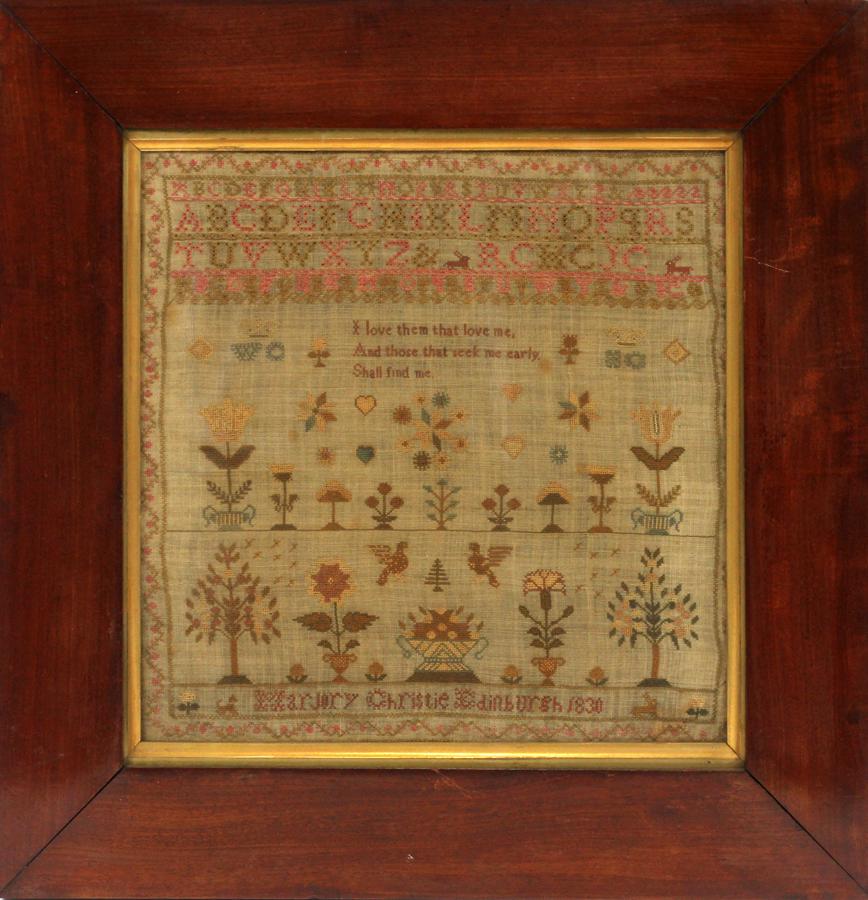 NEEDLEWORK SAMPLER BY MARJORY CHRISTIE, FRAMED: NEEDLEWORK SAMPLER BY MARJORY CHRISTIE, FRAMED, CIRCA 1830 H 12", W 12" A 19th-century linen sampler stating, "Marjory Christie, Edinburgh '1830' ". With the phrase, "I love them that love me. And tho