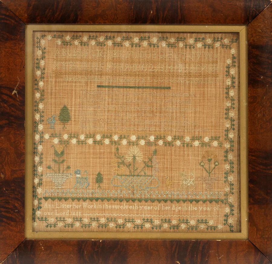 NEEDLEWORK SAMPLER BY ANN LISTER, CIRCA 1803: NEEDLEWORK SAMPLER BY ANN LISTER, CIRCA 1803 H 13", W 13" A framed antique needlepoint sampler. By, " Ann Lister her work in the 12th year of her age, in the year of our Lord 1803". Stating, "Thus lik