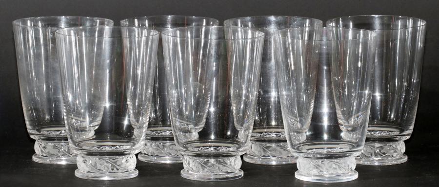 LALIQUE CRYSTAL TUMBLERS, "SCROLL" 7 PCS, H 5": LALIQUE CRYSTAL TUMBLERS, "SCROLL" 7 PCS, H 5" Scroll at pedestal base.