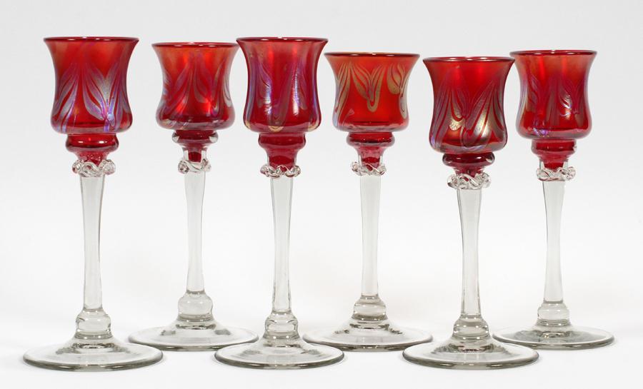 ROBERT LEVIN ART GLASS GOBLETS 6 H 10.25": ROBERT LEVIN ART GLASS GOBLETS 6 H 10.25" Hand blown ruby goblets with a pulled feather motif. Signed on bases.