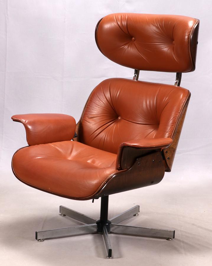 EAMES INFLUENCE, LOUNGE CHAIR: EAMES INFLUENCE, LOUNGE CHAIR, H 42", W 35", D 28" An Eames style lounge chair, with brown leather upholstery and bentwood frame. The chair measures, H 42" W 35", D 28". The seat measures as follows, 