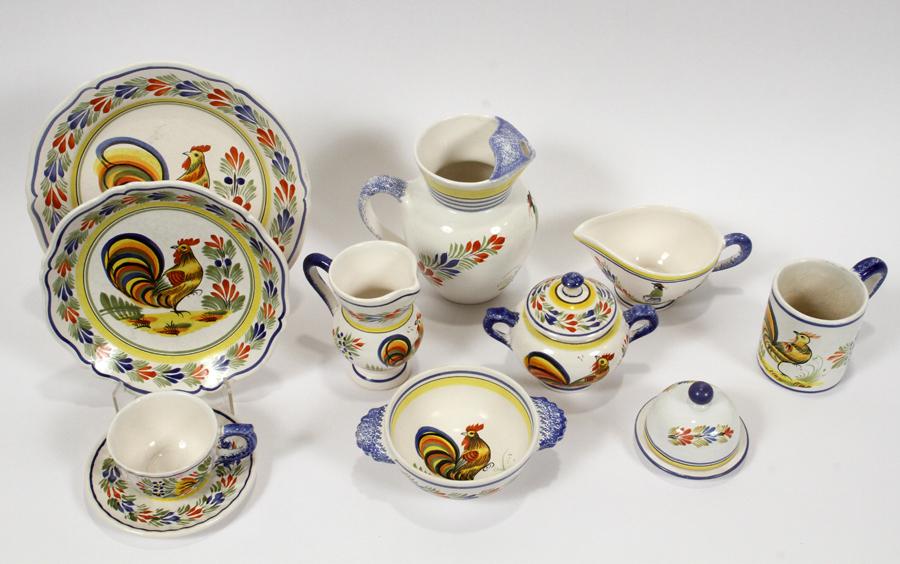 HENRIOT QUIMPER, POTTERY 'ROOSTER' DINNER SERVICE: HENRIOT QUIMPER (FRANCE), POTTERY 'ROOSTER' DINNER SERVICE, 128 PCSIncludes: 17 dinner plates (DIA 10.25"), 15 bowls (L 7"), 16 salad plates (DIA 8.25"), 18 bread and butter plates (DIA 7"), 15 soup b