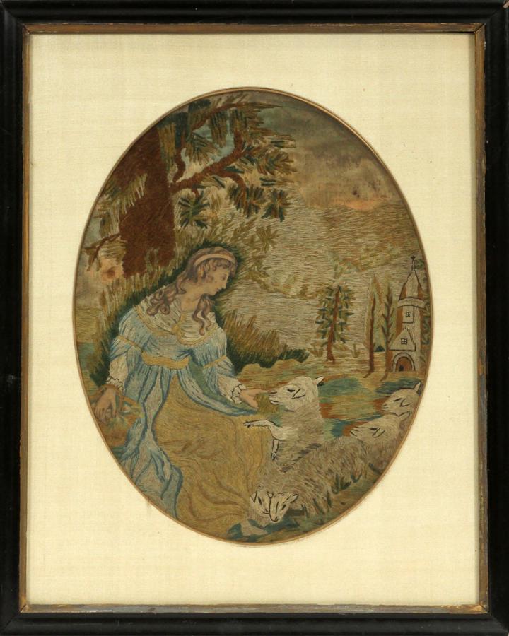 STUMPWORK COMPOSITION, 18TH C., SHEPHERDESS: STUMPWORK COMPOSITION, 18TH C., H 11", L 13", SHEPHERDESS Silk on silk needlework. Frame measures H 18.5" x L 15".