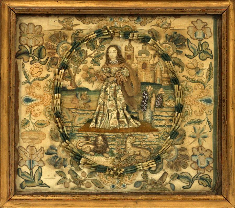 STUART STUMPWORK COMPOSITION, 17TH C.: STUART STUMPWORK COMPOSITION, 17TH C., H 11", L 13" England. Label indicates 1650 era. Princess near castle. Frame measures H 13.5" x L 15".