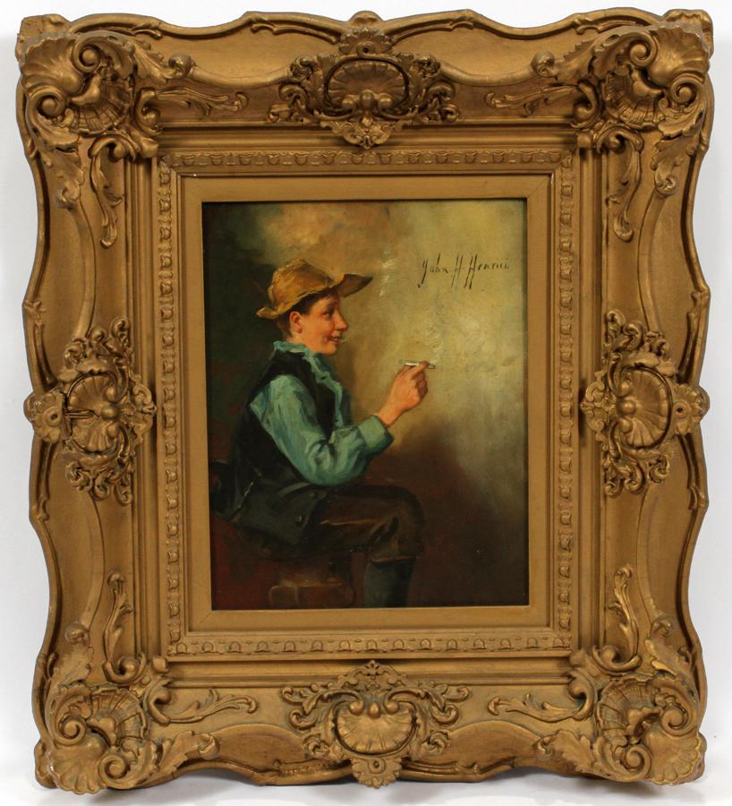 JOHN HENRY HENRICI, OIL ON CANVAS, SMOKING BOY: JOHN HENRY HENRICI (AMER, 1863-1958), OIL ON CANVAS, H 14", L 11", SMOKING BOY An oil on canvas by John Henry Henrici. Depicting the profile of a seated boy. Artist's signature to the upper right. Fra